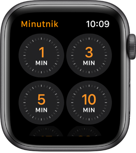 Ekran minutnika, zawierający szybkie minutniki na 1, 3, 5 i 10 minut.