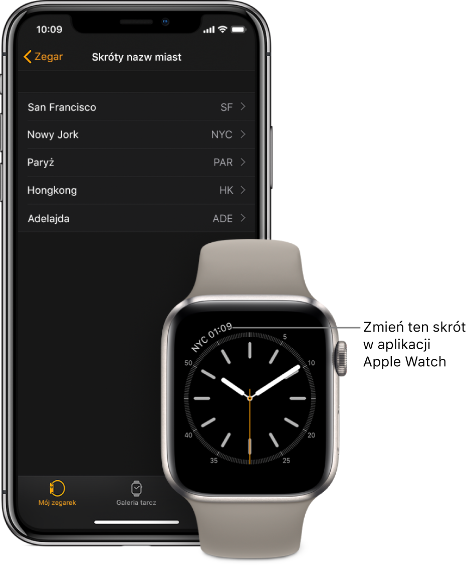 iPhone oraz Apple Watch. Apple Watch wyświetla godzinę w Nowym Jorku, oznaczonym skrótem NYC. Na ekranie iPhone’a widoczna jest lista miast pod etykietą Skróty nazw miast, znajdującą się w ustawieniach zegara w aplikacji Apple Watch.