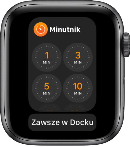Ekran aplikacji Minutnik w Docku. Poniżej widoczny jest przycisk Zawsze w Docku.