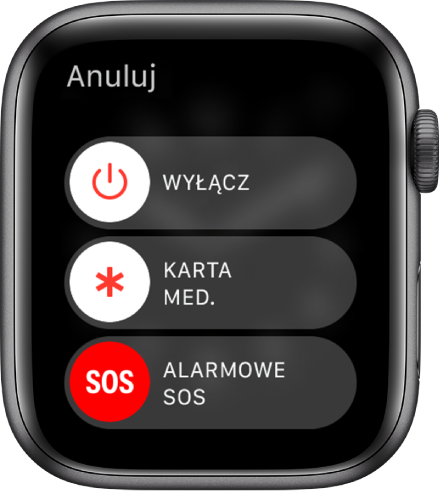 Ekran Apple Watch z trzema suwakami: Wyłącz, Karta medyczna oraz Alarmowe SOS.