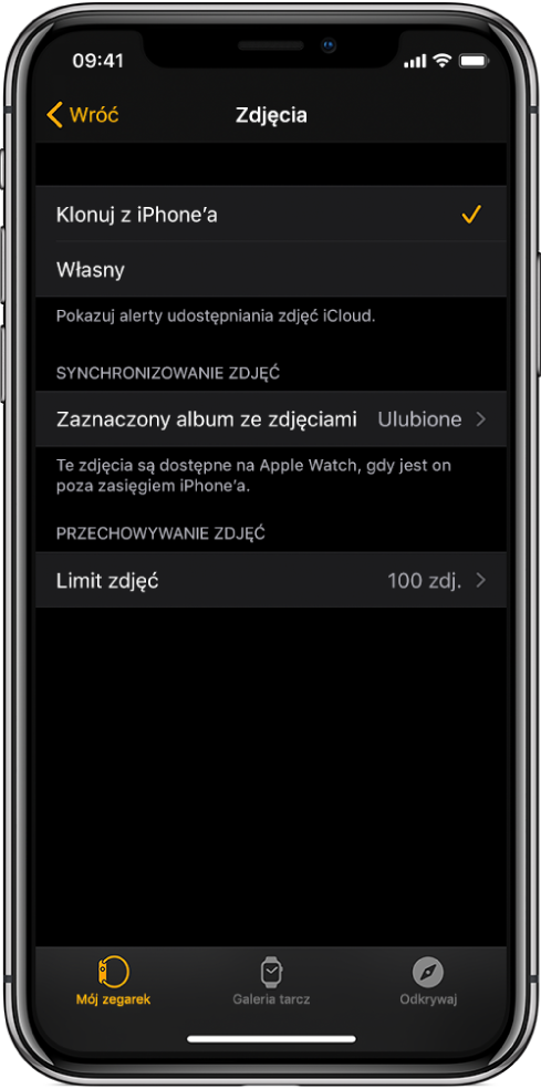 Ustawienia aplikacji Zdjęcia w aplikacji Apple Watch na iPhonie. Na środku widoczna jest etykieta Synchronizowanie zdjęć, a poniżej znajduje się pozycja Limit zdjęć.