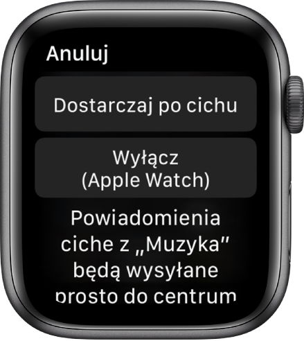 Ustawienia powiadomień na Apple Watch. Na górnym przycisku widoczna jest etykieta Dostarczaj po cichu. Poniżej znajduje się przycisk z etykietą Wyłącz (Apple Watch).