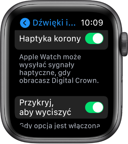 Ekran Haptyka korony, na którym widoczny jest włączony przełącznik Haptyka korony. Poniżej znajduje się przycisk Przykryj, aby wyciszyć.