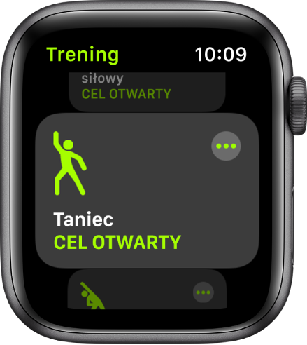 Ekran aplikacji Trening z wyróżnionym treningiem Taniec.