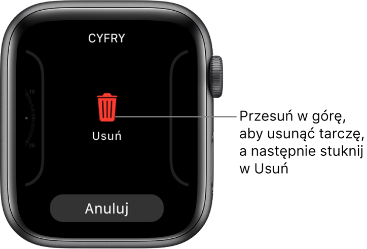 Ekran Apple Watch wyświetlający przyciski Usuń i Anuluj, które pojawiają się po przejściu przesunięciem do tarczy zegarka, a następnie przesunięciu w górę w celu jej usunięcia.