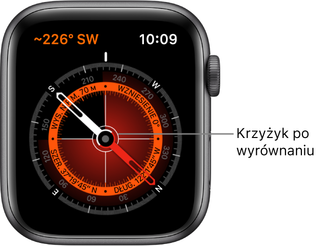 Kompas wyświetlany na tarczy zegarka Apple Watch. W lewym górnym rogu widoczny jest kierunek. Wewnętrzny pierścień pokazuje wysokość na poziomem morza, kąt wzniesienia i współrzędne geograficzne. Ramiona krzyżyka wskazują kierunki świata.