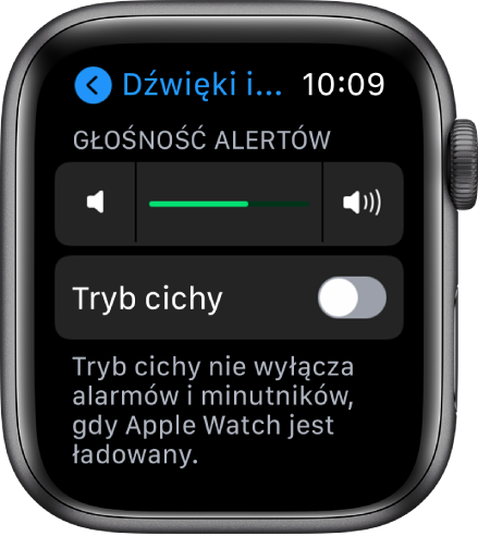 Ustawienia dźwięków i haptyki Apple Watch. Na górze znajduje się suwak Głośność alertów, a pod nim przycisk Tryb cichy.