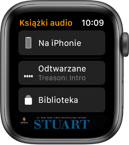 Apple Watch wyświetlający ekran Książki audio; na górze wyświetlany jest przycisk Na iPhonie, pod nim przyciski Odtwarzane oraz Biblioteka, a na dole fragment grafiki okładki książki audio.