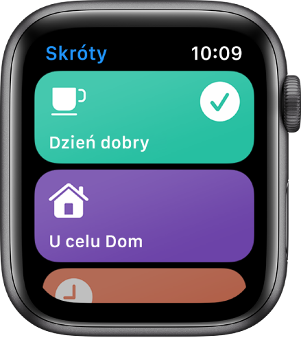 Aplikacja Skróty na Apple Watch, wyświetlająca dwa skróty, Dzień dobry oraz Szacowany czas powrotu do domu.