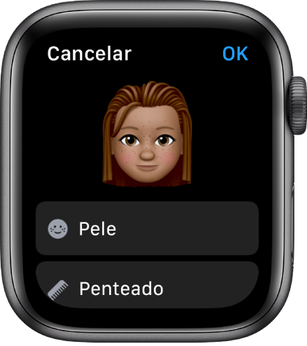 App Memoji no Apple Watch mostrando um rosto perto da parte superior e opções de Pele e Penteado abaixo.