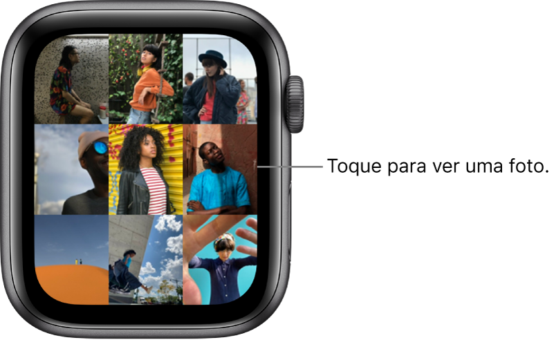 Tela principal do app Fotos no Apple Watch, com várias fotos exibidas lado a lado.