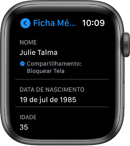 A tela Ficha Médica mostrando nome e a idade do usuário.