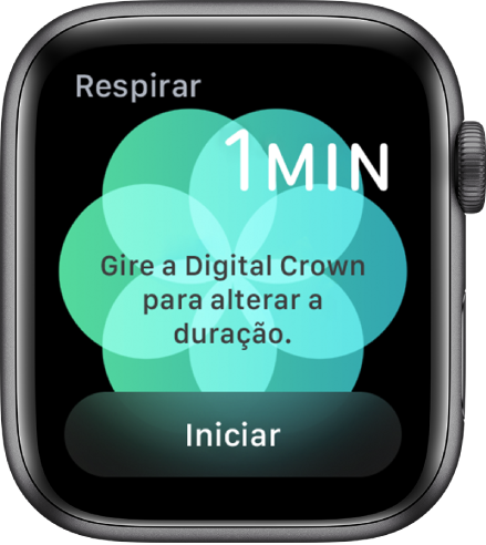 Tela do app Respirar, mostrando a duração de um minuto na parte superior direita e o botão Iniciar na parte inferior.