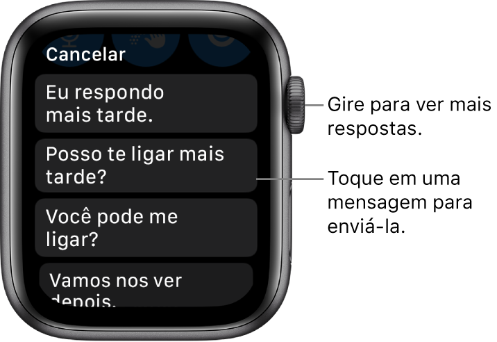 Tela do app Mensagens mostrando o botão Cancelar na parte superior e três respostas pré-definidas (“Eu respondo mais tarde.”, “Posso te ligar mais tarde?” e “Você pode me ligar?”).