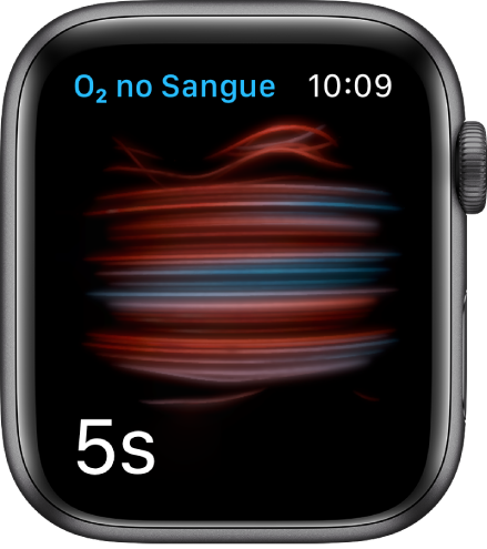 Tela do app Oxigênio no Sangue fazendo uma medição; contando regressivamente a partir de 5.
