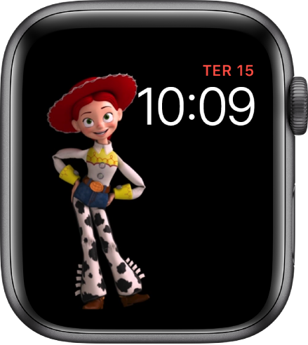 O mostrador Toy Story exibe o dia, a data e a hora na parte superior direita e uma animação da Jessie na esquerda da tela.