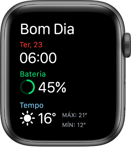 Apple Watch mostrando a tela da hora de acordar. Bom Dia aparece escrito na parte superior. A data, hora, porcentagem de bateria e tempo estão abaixo.