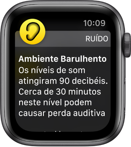 Uma tela de Ruído mostrando um nível de ruído de 90 dB. Um aviso que recomenda não se expor por muito tempo a sons nesse nível, aparece abaixo.