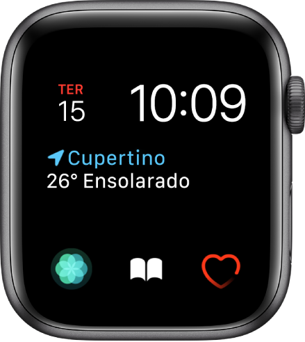 Mostrador Modular, no qual é possível ajustar a cor do mostrador. Mostra a hora e a data perto da parte superior, a complicação Condições do Tempo no meio e três complicações de submostrador ao longo da parte inferior: Respirar, Audiolivros e Batimentos.