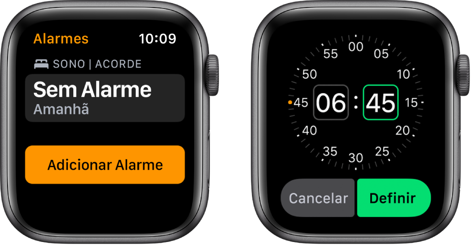 Duas telas de relógio mostrando o processo de adição de um alarme: Toque em Adicionar Alarme, toque em AM ou PM, gire a Digital Crown para ajustar a hora e toque em Definir.