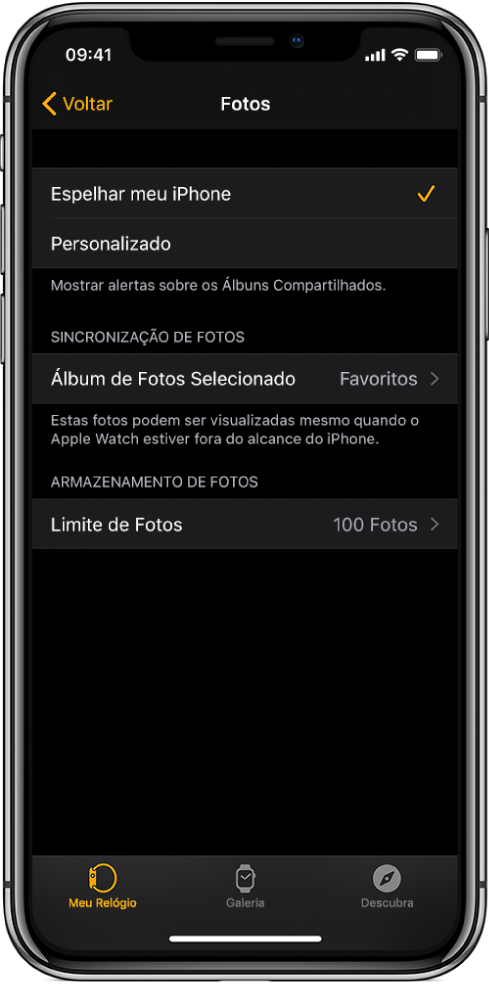 Ajustes de fotos no app Apple Watch do iPhone, com o ajuste Sincronização de Fotos no meio e o ajuste Limite de Fotos abaixo desse.