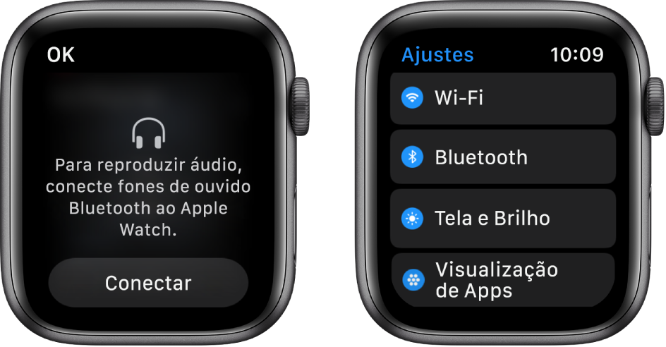 Duas telas lado a lado. À esquerda, uma tela que solicita a conexão de fones de ouvido Bluetooth ao Apple Watch. O botão Conectar um Dispositivo encontra-se na parte inferior. À direita, a tela Ajustes, mostrando os botões Wi‑Fi, Bluetooth, Brilho e Tamanho do Texto, e Visualização de Apps em uma lista.