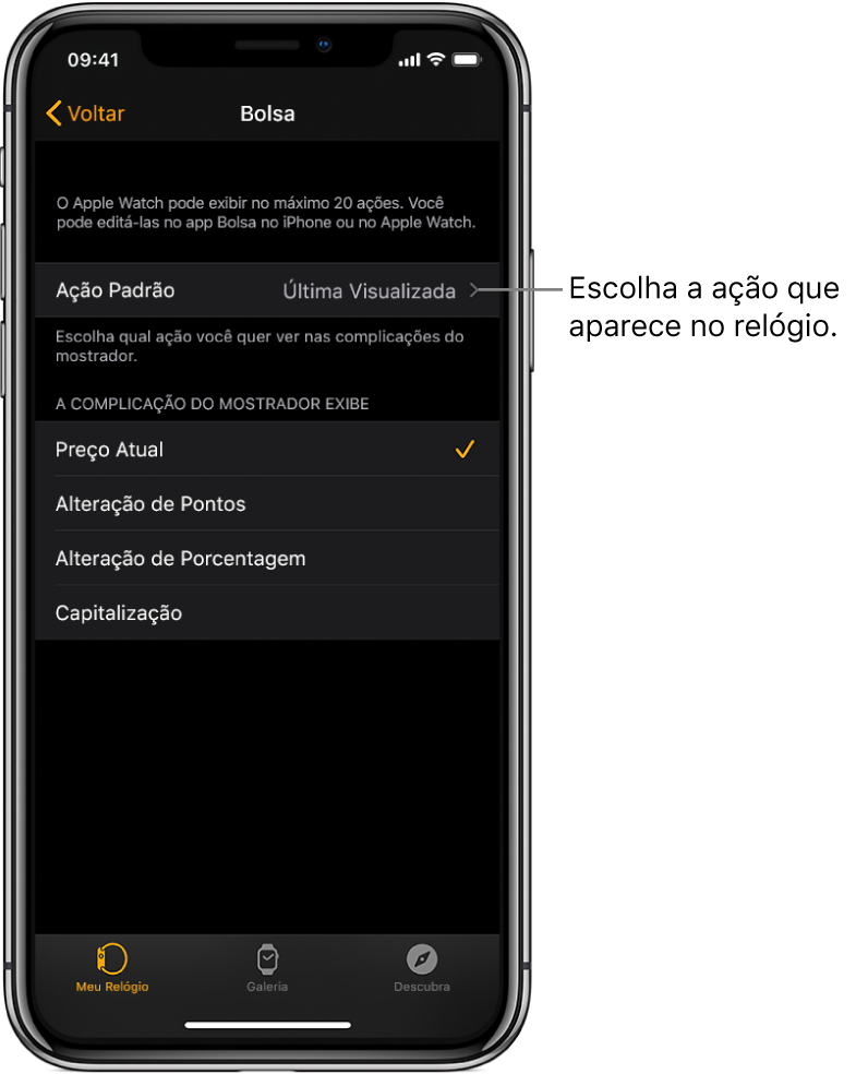 Tela dos ajustes do app Bolsa no app Apple Watch no iPhone mostrando opções para escolher uma Ação Padrão, definida como Última Visualizada.