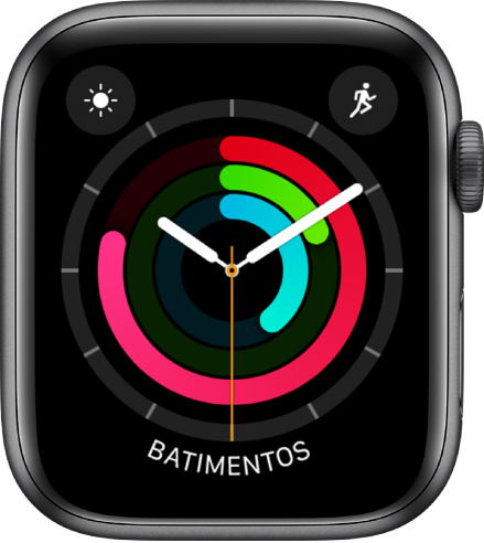 Mostrador Atividade Analógico exibindo a hora e o progresso das metas Movimento, Exercício e Ficar em Pé. Também há três complicações: Condições do Tempo na parte superior esquerda, Exercício na parte superior direita e Batimentos na parte inferior.