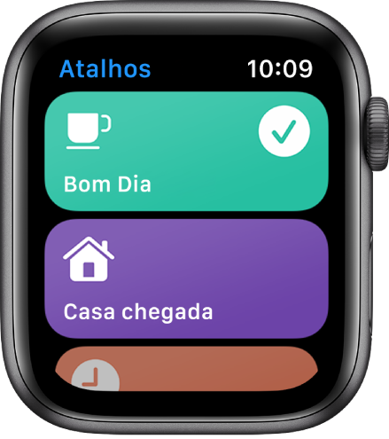 App Atalhos no Apple Watch mostrando dois atalhos: Bom Dia e Tempo Até em Casa.