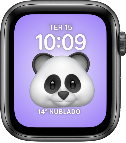 Mostrador Memoji, onde você pode ajustar o personagem de Memoji e uma complicação na parte inferior. Toque na tela para animar o Memoji. A data e a hora aparecem na parte superior e a complicação Tempo aparece na parte inferior.