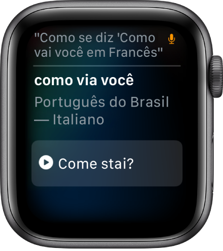 Tela da Siri com as palavras “Como se diz ‘como você está’ em inglês” na parte superior. A tradução em inglês aparece abaixo.