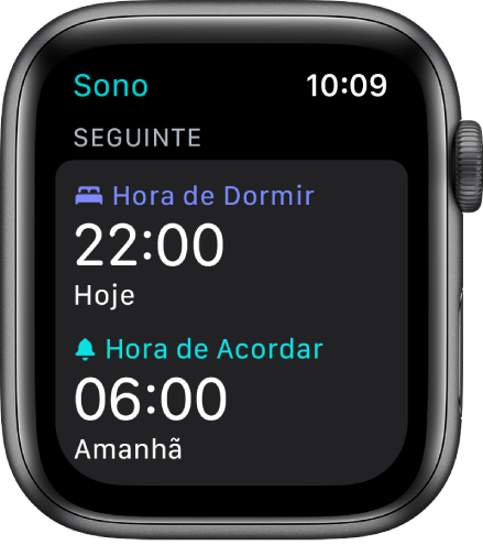 App Sono no Apple Watch mostrando os horários de sono da noite. A Hora de Dormir está configurada para as 22 e a Hora de Acordar para as 6.