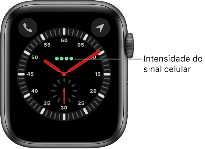 O mostrador Explorador é um relógio analógico. Bem acima do centro do mostrador encontram-se quatro pontos verdes que indicam a intensidade do sinal celular.