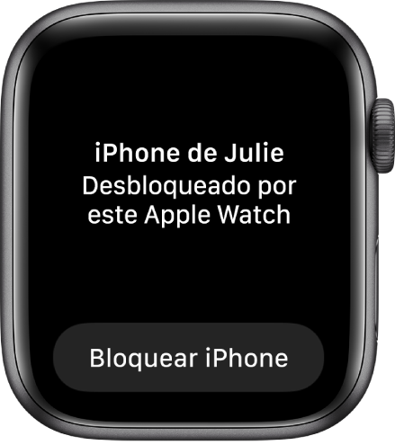 Tela do Apple Watch mostrando as palavras “iPhone da Júlia desbloqueado por este Apple Watch”. O botão Bloquear iPhone está abaixo.