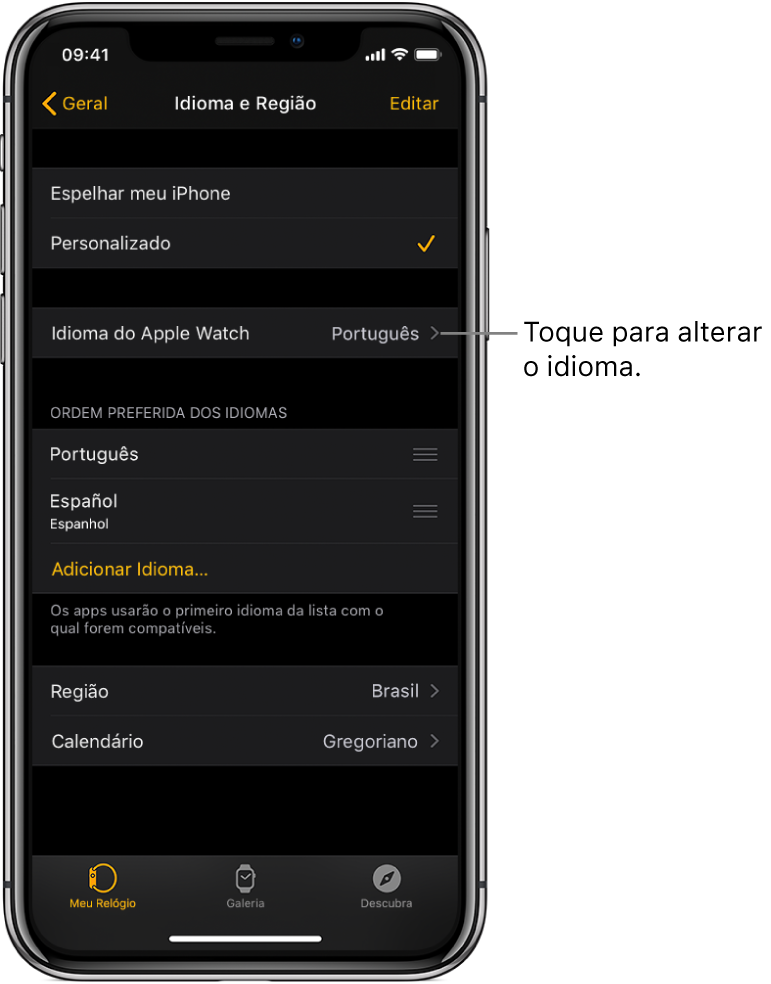 Tela de Idioma e Região no app Apple Watch, com os ajustes de Idioma do Apple Watch próximos à parte superior.