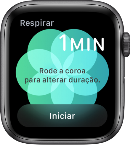 O ecrã da aplicação Respiração, com a duração de um minuto na parte superior direita e o botão Iniciar na parte inferior.