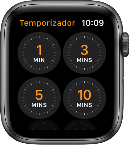 O ecrã da aplicação do Temporizador, com temporizadores rápidos para 1, 3, 5 ou 10 minutos.