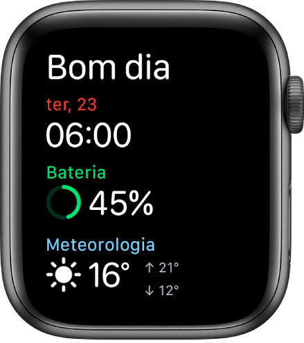 Apple Watch, com o ecrã do despertador. As palavras “Bom dia” aparecem na parte superior. A data, hora, percentagem de bateria e o estado do tempo estão por baixo.