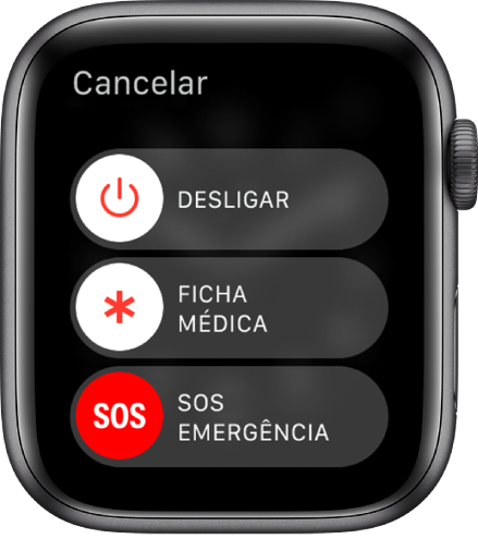 O ecrã do Apple Watch, com três interruptores: Desligar, Ficha médica e SOS emergência. Arraste o interruptor Desligar para desligar o Apple Watch.