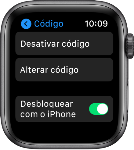 As definições de código no “Apple Watch”, com o botão “Desativar código” na parte superior, “Alterar código” por baixo e o manípulo “Desbloquear com o iPhone” na parte inferior.