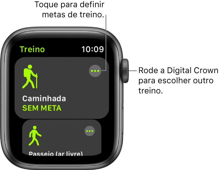 O ecrã Treino com o treino de caminhada destacado. Um botão Mais no canto superior direito. Uma parte do Passeio (ar livre) está por baixo.