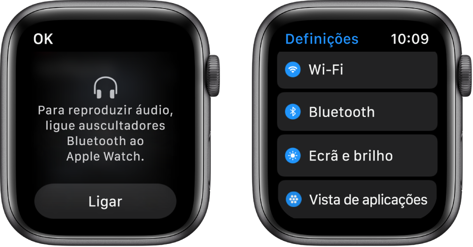 Dois ecrãs lado a lado. O ecrã da esquerda pede para ligar auscultadores Bluetooth ao Apple Watch. Na parte inferior é apresentado um botão “Ligar”. À direita está o ecrã “Definições” com os botões “Wi‑Fi”, “Bluetooth”, “Brilho e tamanho do texto” e “Vista de aplicações” numa lista.