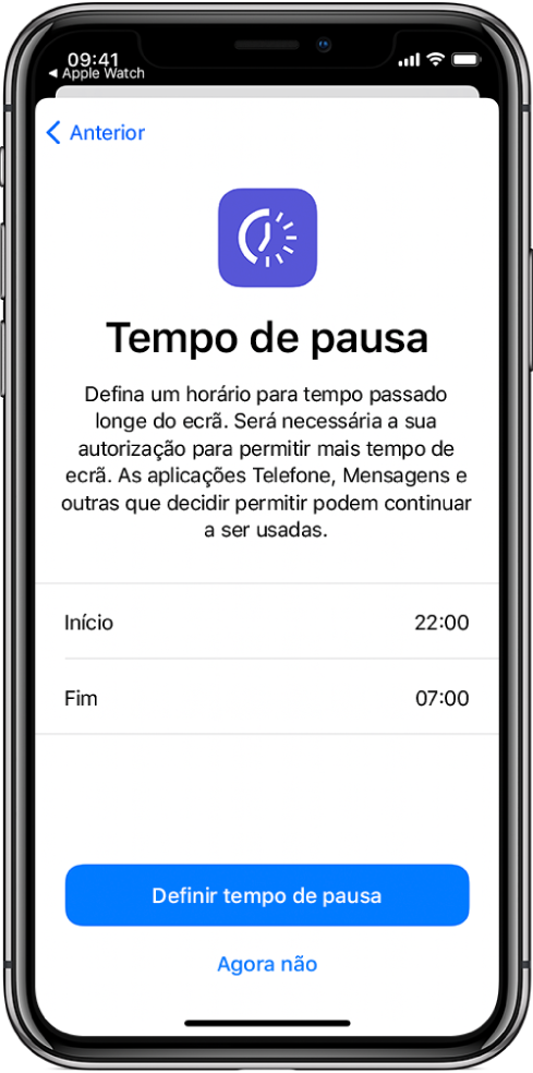 iPhone, com o ecrã de configuração de Tempo de pausa. Escolha a hora de início e de fim no centro do ecrã. Os botões “Definir tempo de pausa” e “Agora não” encontram-se na parte inferior do ecrã.