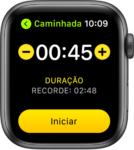 O ecrã de metas, com o tempo no topo e os botões – e + de ambos os lados e o botão Iniciar em baixo.