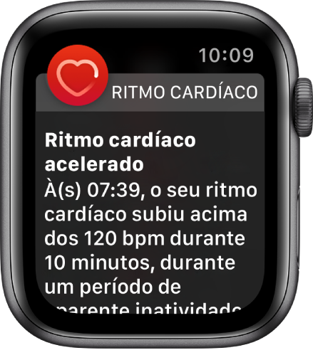 O ecrã de Ritmo cardíaco elevado, com uma notificação de que o seu ritmo cardíaco ultrapassou as 120 BPM, apesar de ter permanecido inativo durante 10 minutos.