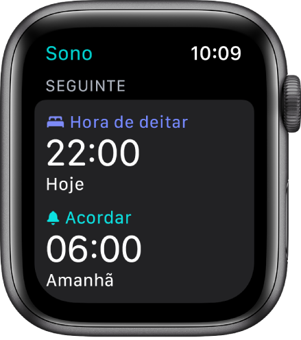 A aplicação Sono no Apple Watch, com o horário de sono da noite. A “Hora de deitar” está definida para as 22:00 e o Despertador está definido para as 6:00.