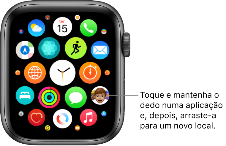 O ecrã principal do Apple Watch na vista em grelha.
