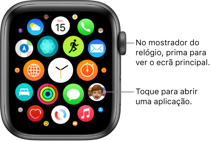 Ecrã principal na vista em grelha no Apple Watch, com as aplicações aglomeradas. Toque numa aplicação para a abrir. Arraste para ver mais aplicações.