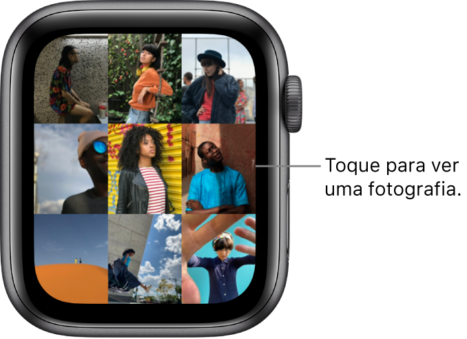 O ecrã principal da aplicação Fotografias no Apple Watch, com várias fotografias apresentadas numa grelha.