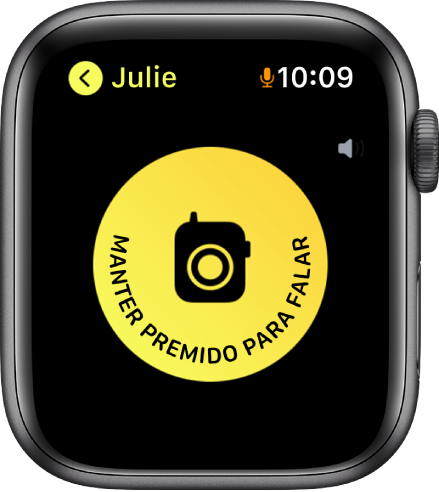 Ecrã da aplicação Walkie-talkie, com um botão grande Falar ao centro. O botão Falar em que se lê “Manter premido para falar”.